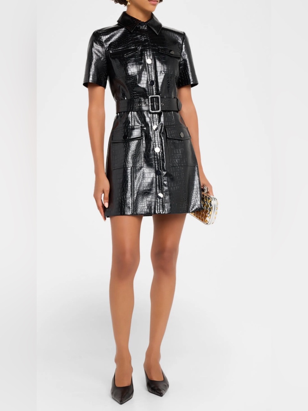 TOCCIN Lydia Croc-Embossed Faux Leather Belted Shirt Dress Black Jet Size 0 NEW